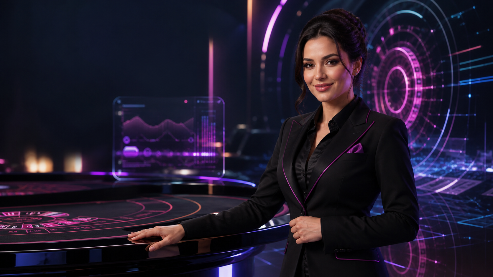Fictional adult casino technology host in a futuristic gaming environment